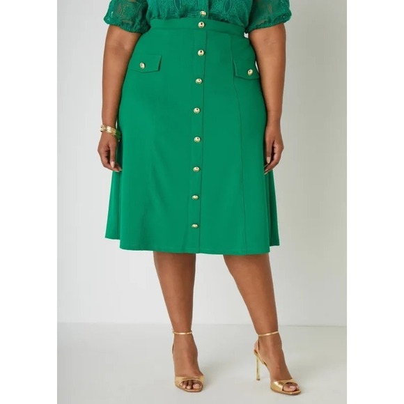 Ashley Stewart Dresses & Skirts - Ashley Stewart Women's Size 18 Gold Button Front A-Line Midi Skirt Green NWT